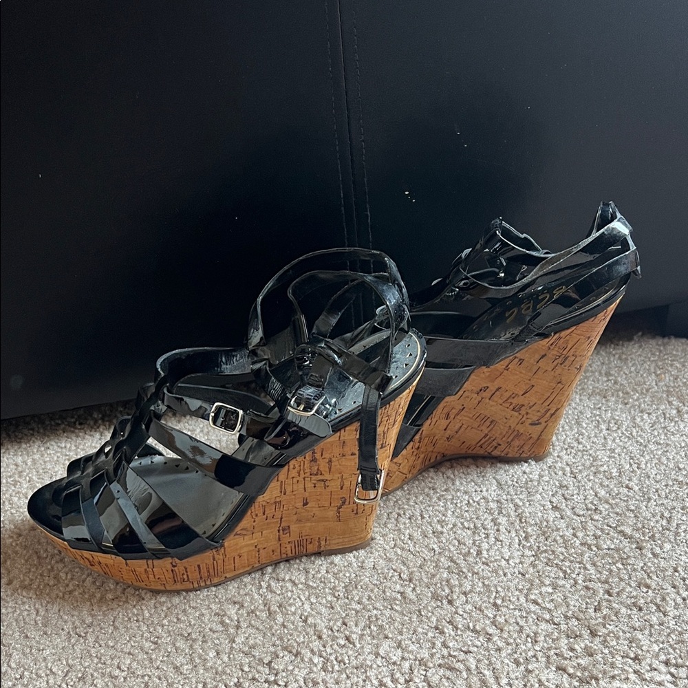BCBG Paris Black and Tan Wedge Sandals
